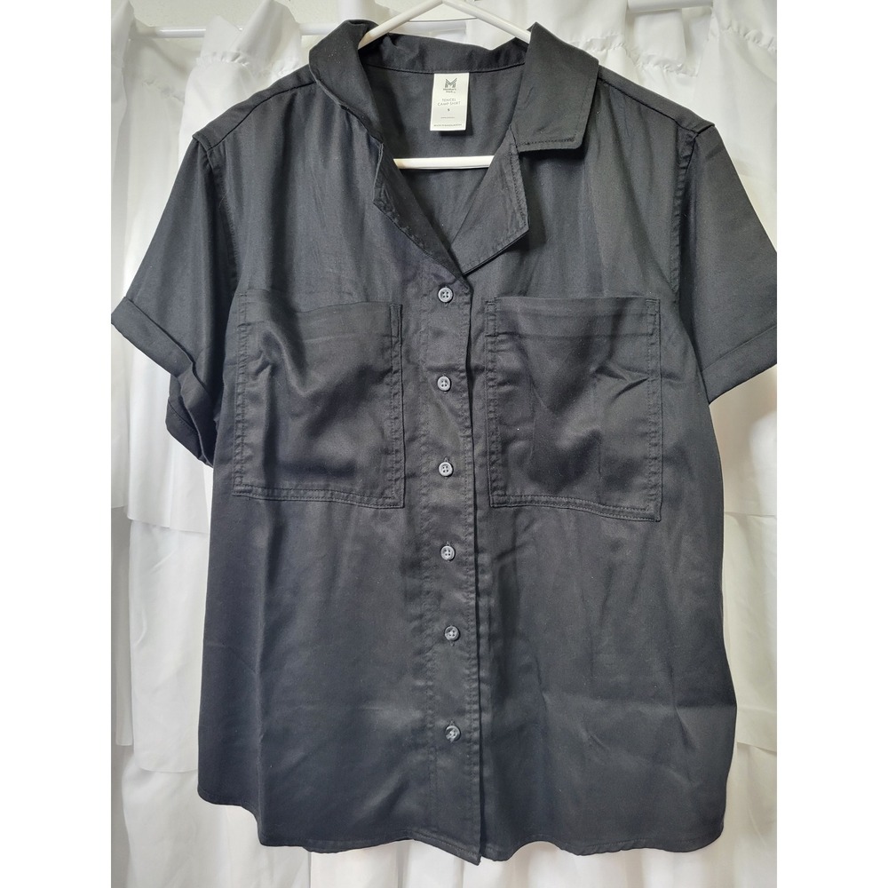 Member's Mark Tencel Camp Shirt Womens Small Black Ly Short Sleeve Button Up 639
